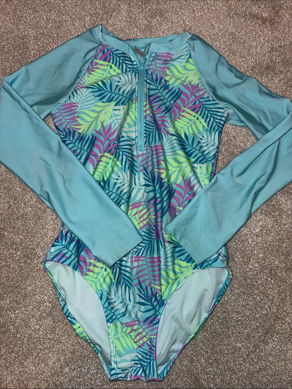 Cat & Jack Long Sleeve Swim Rashguard - Aqua Sleeves with Multicolor Leaf XL